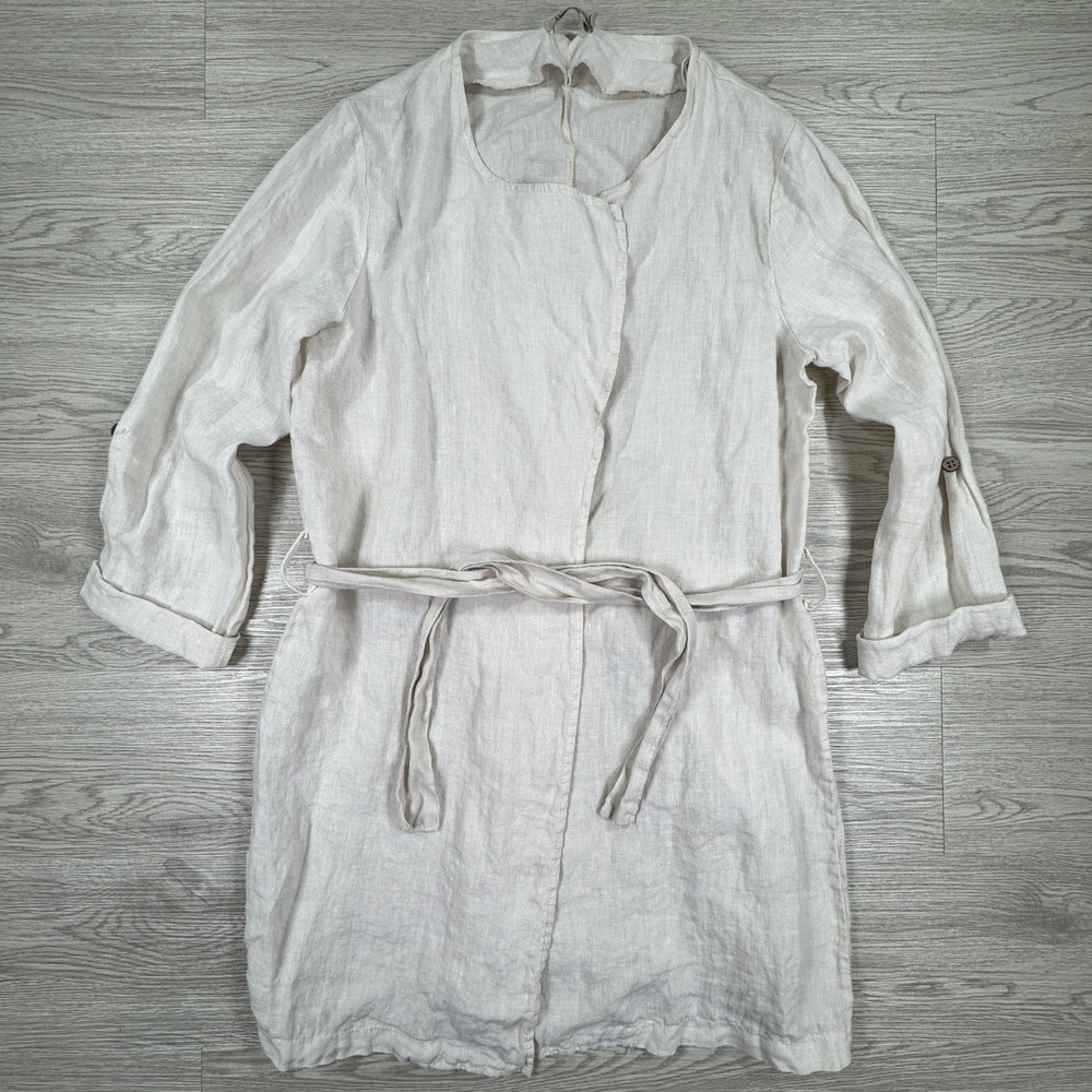 Alessia Pacini Women's Duster Cardigan Linen Belted Roll Tab Sleeve Cream Small